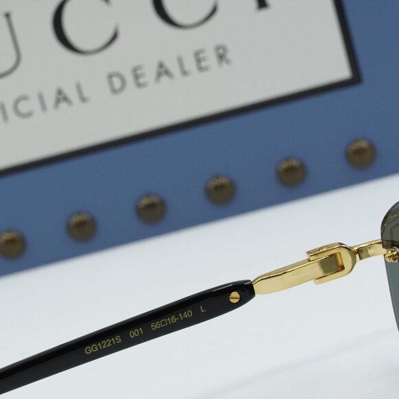 Gucci GG1221S 001 Rectangle Sunglasses - Gold Black/Grey